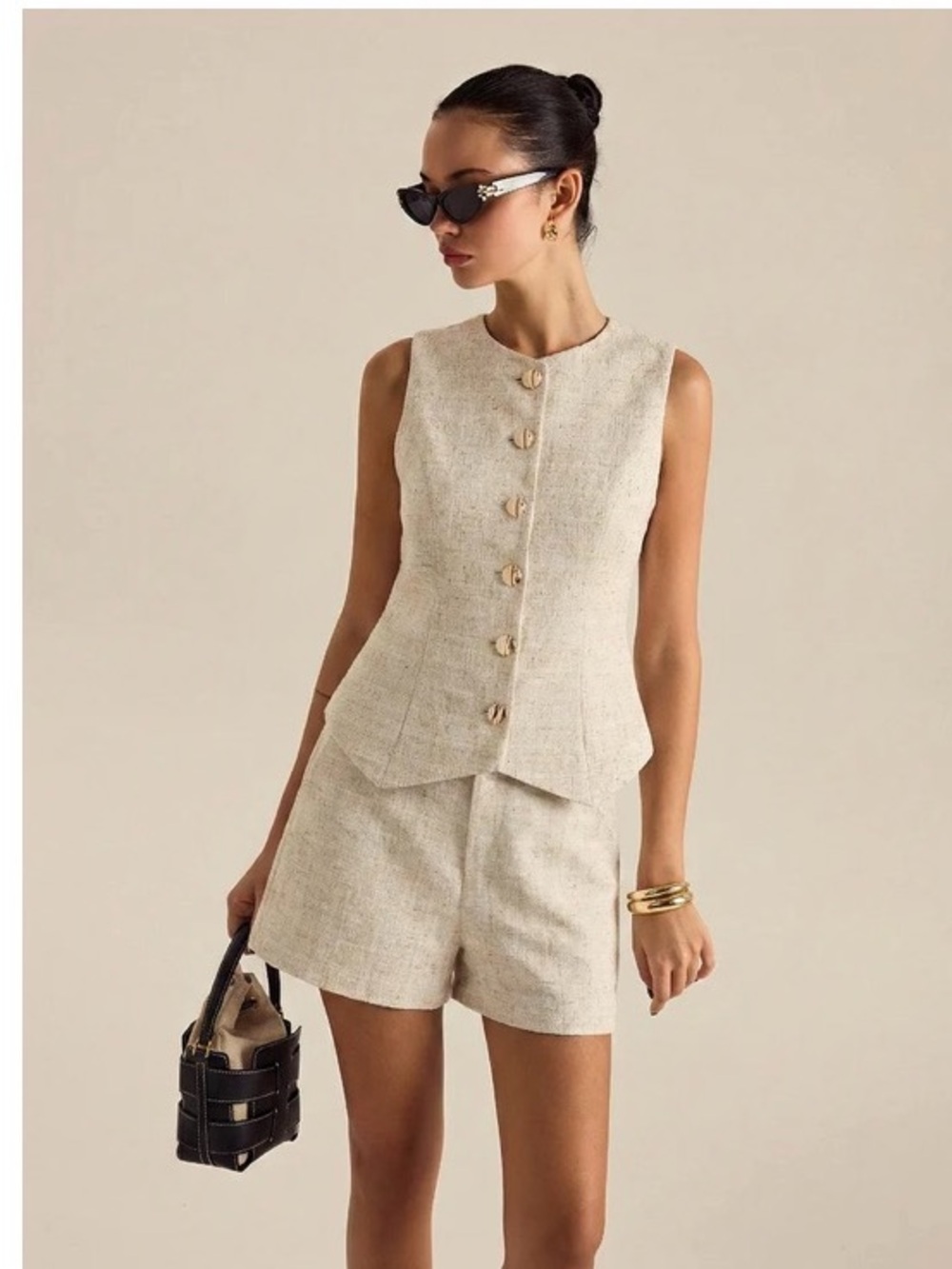 Commense Tweed Buttoned Vest & Mini Shorts Set